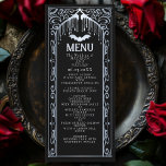 Silver Gothic Vampire Cathedral Wedding Menu Menükarte<br><div class="desc">Das elegante und gotische Design lädt Ihre Hochzeitsgäste ein. Ideal für eine gotische oder Halloween-Hochzeit. Matching Items in unserem Shop für ein komplettes Party Thema. Bitte beachten Sie,  dass das Silber auf den Tags KEINE echte Folie ist und in flachen Farben gedruckt wird</div>