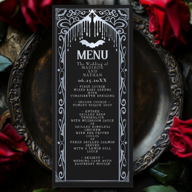 Silver Gothic Vampire Cathedral Wedding Menu Menükarte (Von Creator hochgeladen)