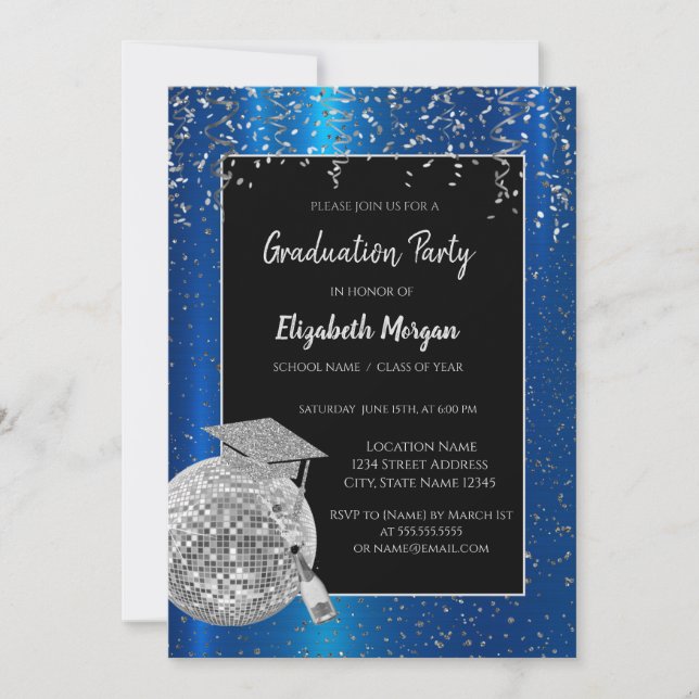 Silver Grad Cap, Disco Ball Confetti, Wine Blue Einladung (Vorderseite)