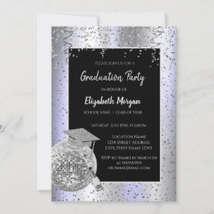 Silver Grad Cap, Disco Ball Confetti, Wine Lavande Einladung
