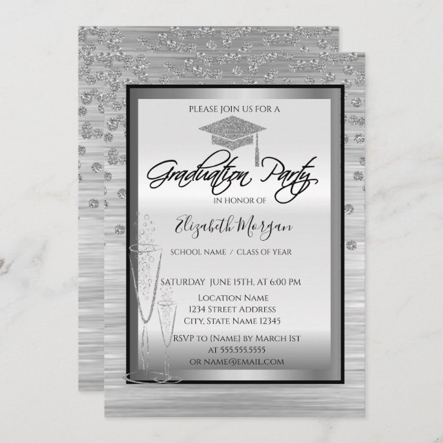 Silver Graduation Cap, Glass Diamonds Abschluss Einladung (Vorne/Hinten)