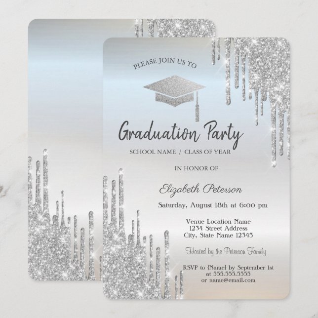 Silver Graduation Cap Glitzer Tropfen Einladung (Vorne/Hinten)