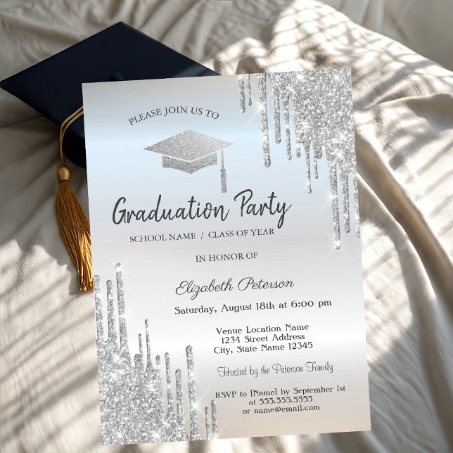 Silver Graduation Cap Glitzer Tropfen Einladung (Von Creator hochgeladen)
