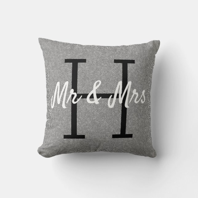 Silver Grau White Abstrakt Pattern Monogramm Kissen (Vorderseite)