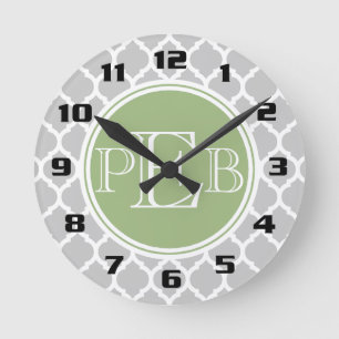 Silver Graue Quarz Sage Green Monogram Runde Wanduhr