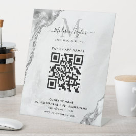 Silver Gray Agate Monogram Scan to Pay QR Code Sockelschild