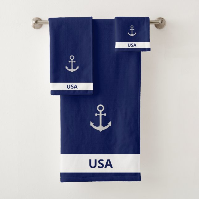 Silver Gray Anchor on Navy Blue & White Badhandtuch Set (Insitu)