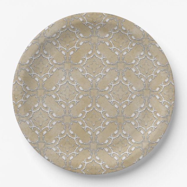 Silver Gray and Beige Metallic Filagree Pattern Pappteller (Vorderseite)