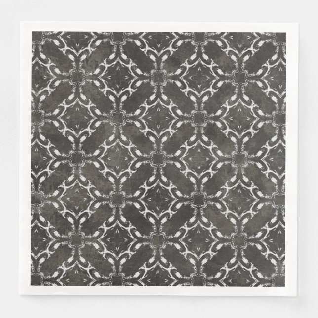 Silver Gray and Black Metallic Filigree Muster Serviette (Vorderseite)