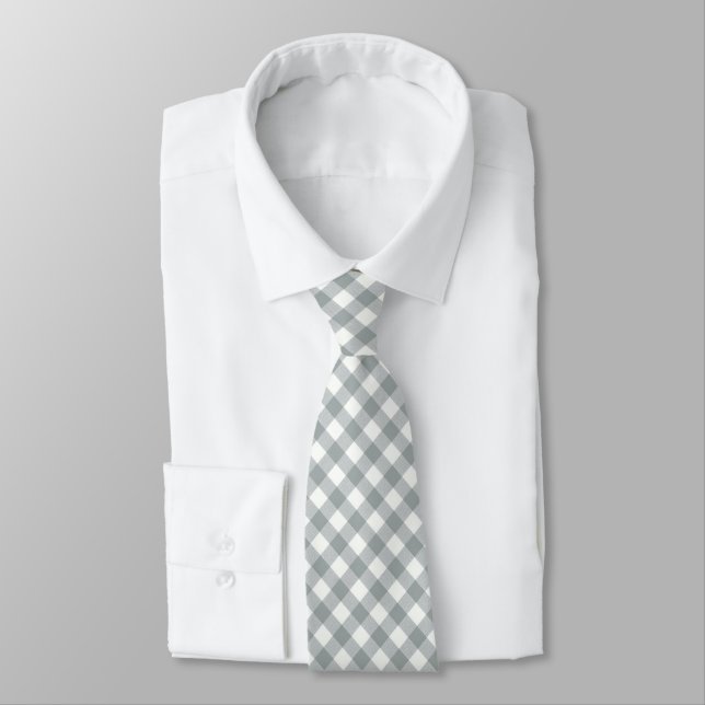Silver Gray and White Angled Gingham Krawatte (Gebunden)
