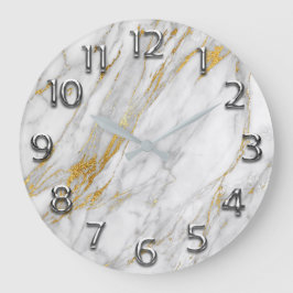 Silver Gray Arabic Numbers Gold Carrara Marble Große Wanduhr