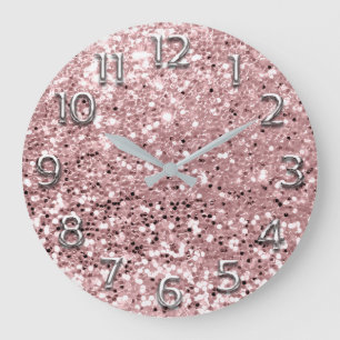 Silver Gray Arabic Numbers Pink Glitzer Blush Große Wanduhr
