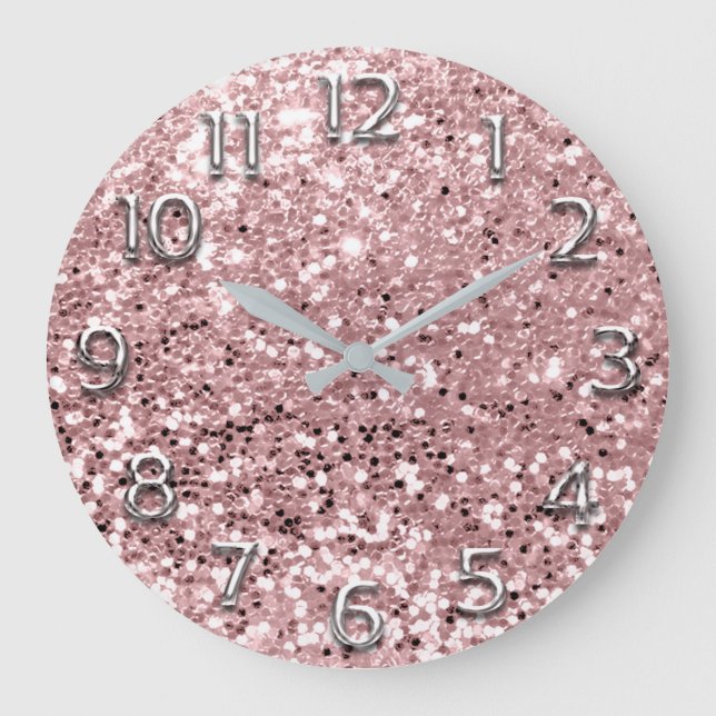 Silver Gray Arabic Numbers Pink Glitzer Blush Große Wanduhr (Vorderseite)