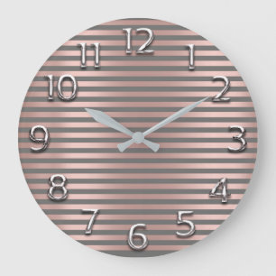 Silver Gray Arabic Numbers Rose Blush Glam Stripes Große Wanduhr