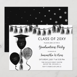 Silver Gray Balloons Grad Hat Graduation Party Einladung