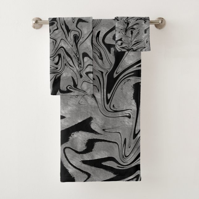 Silver Gray & Black Elegant Glam Marmor Swirl Badhandtuch Set (Insitu)