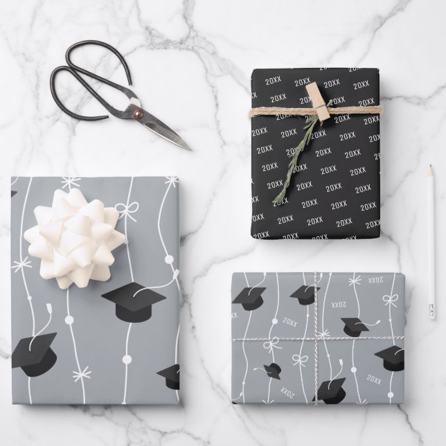 Silver Gray & Black Graduation Cap Toss Geschenkpapier Set (Vorderseite)