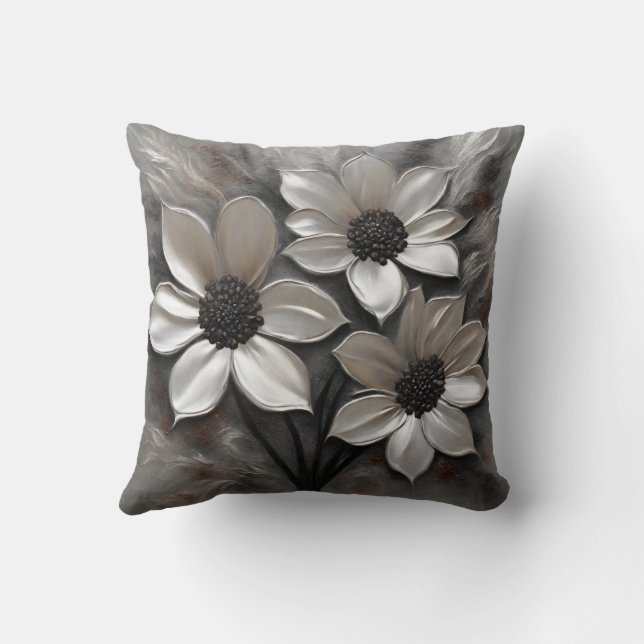 Silver Gray Black Modern Floral Kissen (Rückseite)