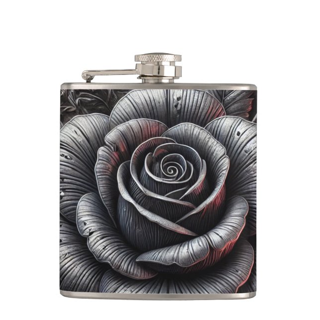 Silver Gray & Black Rose Elegante Gotische Hochzei Flachmann (Vorderseite)