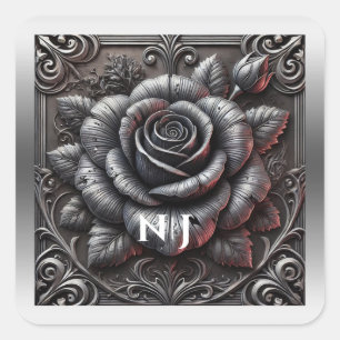 Silver Gray & Black Rose Elegante Gotische Hochzei Quadratischer Aufkleber