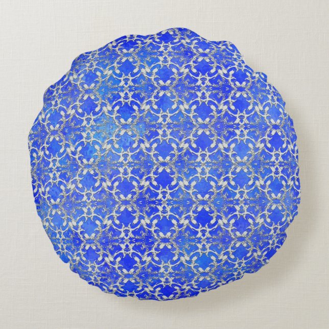 Silver Gray Blue Dancing Scrolls Muster Rundes Kissen (Rückseite)