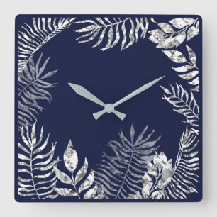 Silver Gray Blue Navy Palm Botanical Metallic Quadratische Wanduhr