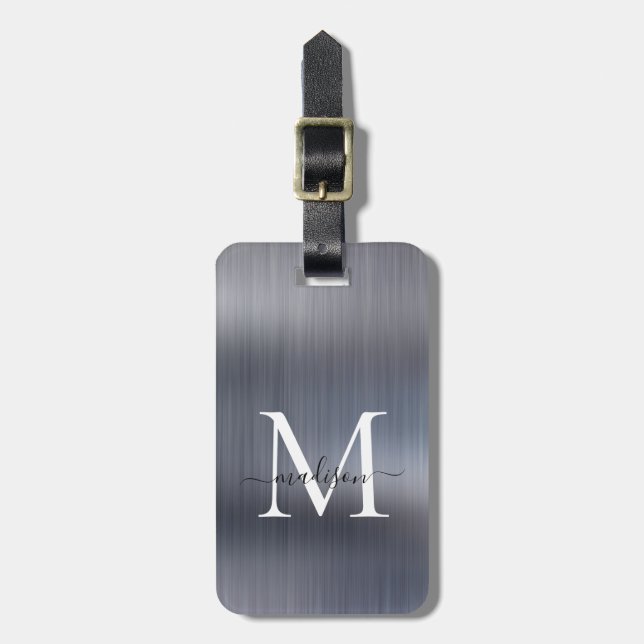 Silver Gray Brushed Metal Foil Script Monogram Gepäckanhänger (Vorderseite vertikal)