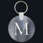 Silver Gray Brushed Metal Girl Script Monogram Schlüsselanhänger<br><div class="desc">Silver Grey Steel Brushed Metal Girly Script Monogram Schlüsselanhänger</div>