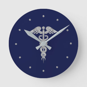 Silver Gray Caduceus auf der Blue Round Clock Runde Wanduhr