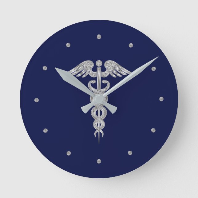 Silver Gray Caduceus auf der Blue Round Clock Runde Wanduhr (Vorderseite)
