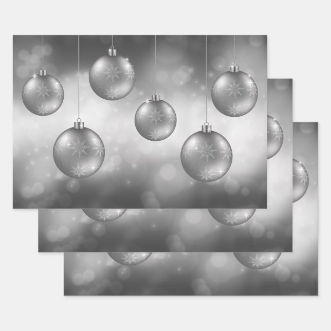 Silver Gray Christmas Baubles on Gray Bokeh Geschenkpapier Set (Set)