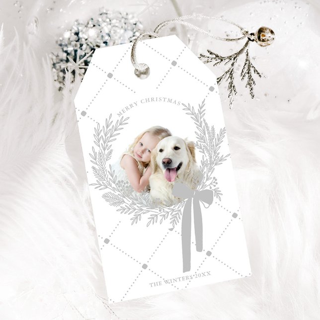 Silver Gray Christmas Wreath Foto Geschenkanhänger (Von Creator hochgeladen)