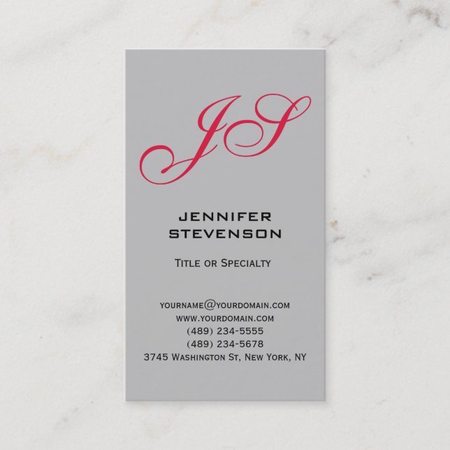 Silver Gray Crimson Red Monogram Business Card Visitenkarte (Vorderseite)