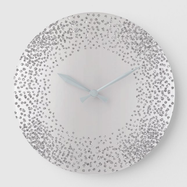 Silver Gray Crystals Confetti Glitzer Gems MInimal Große Wanduhr (Vorderseite)