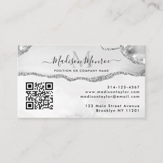 Silver Gray Custom Logo QR Code Agate Monogram Visitenkarte (Vorderseite)