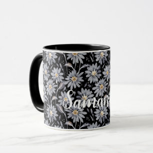 Silver Gray Daisies on Black Customizable Tasse