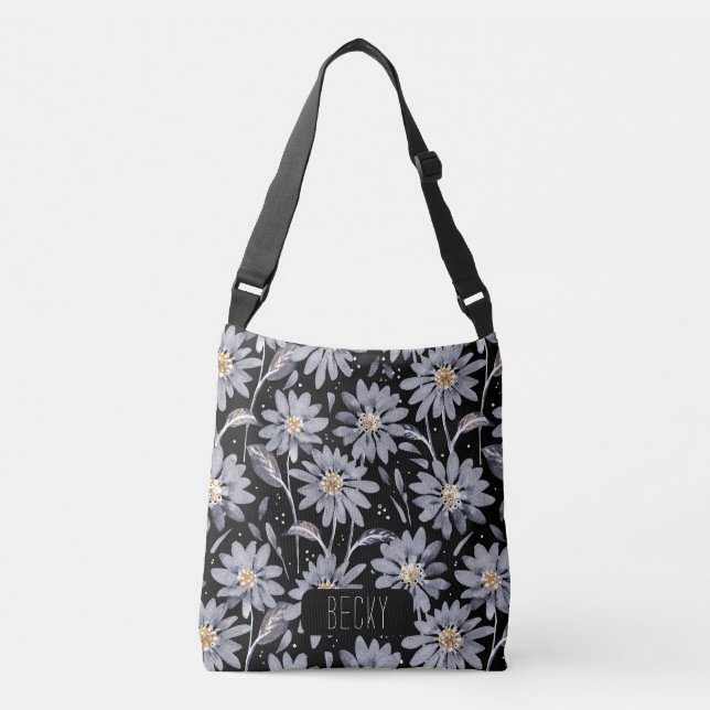Silver Gray Daisies Personalisiert Tote Bag Tragetaschen Mit Langen Trägern (Vorderseite)