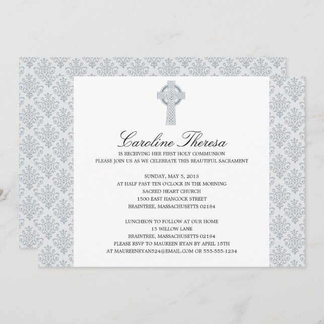 Silver Gray Damask Celtic Cross First Communation Einladung (Vorne/Hinten)