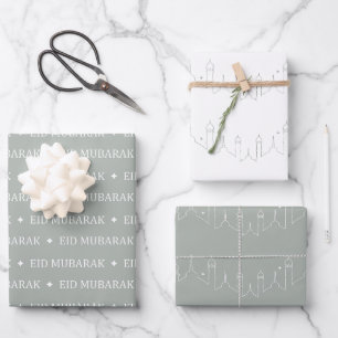 Silver Gray Eid Mubarak Masjid Muster Design Geschenkpapier Set