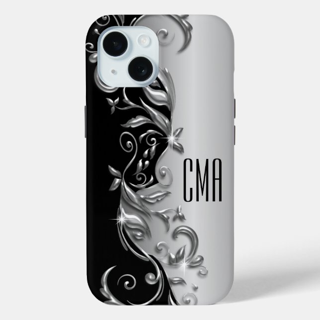 Silver Gray Floral - Monogram Case-Mate iPhone Hülle (Rückseite)