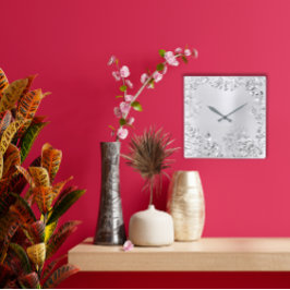 Silver Gray Floral Palm Monochrom Metallic Steel Quadratische Wanduhr