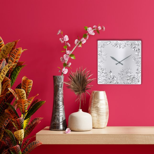 Silver Gray Floral Palm Monochrom Metallic Steel Quadratische Wanduhr (Silver Gray Floral Palm Monochrom Metallic Steel Square Wall Clock)