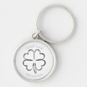 Silver Gray Four Leaf Clover Custom Text Good Luck Schlüsselanhänger