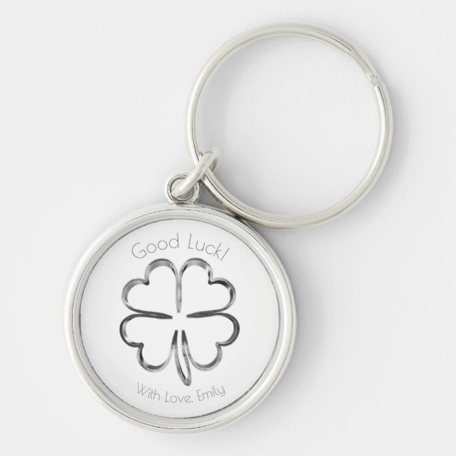 Silver Gray Four Leaf Clover Custom Text Good Luck Schlüsselanhänger (Vorne)