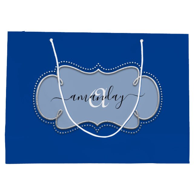 Silver Gray Gerahmt Royal Monogram Name Blue Große Geschenktüte (Rückseite)