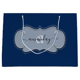 Silver Gray Gerahmt Royal Monogram Name Blue Navy Große Geschenktüte
