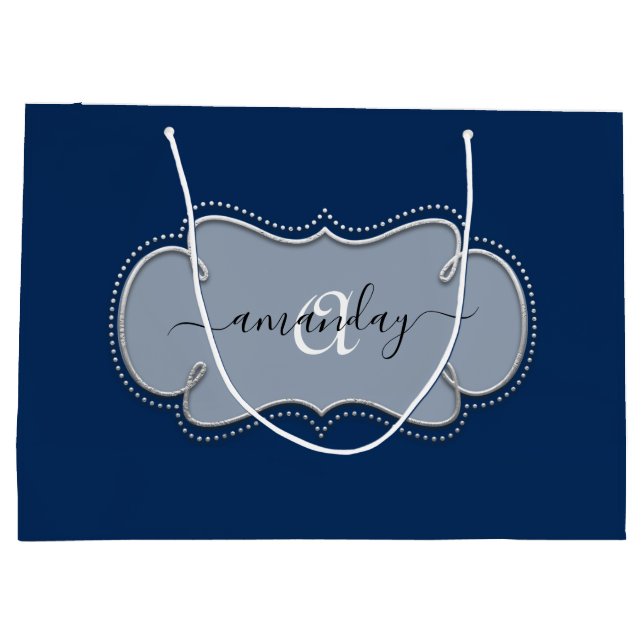 Silver Gray Gerahmt Royal Monogram Name Blue Navy Große Geschenktüte (Rückseite)