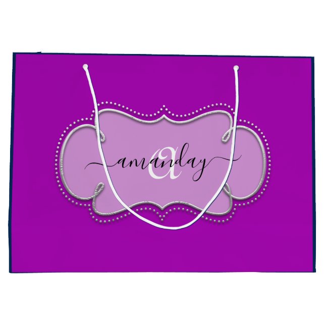 Silver Gray Gerahmt Royal Monogram Name Navy PInk Große Geschenktüte (Rückseite)