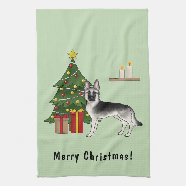 Silver Gray German Shepherd Weihnachtsbaum Geschirrtuch (Vertikal)
