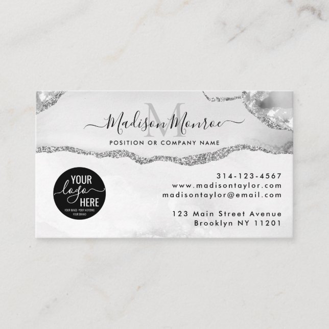 Silver Gray Glitzer Custom Logo Agate Monogram Visitenkarte (Vorderseite)